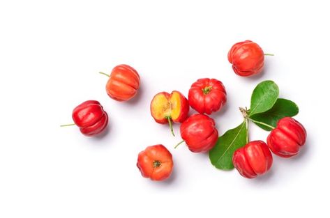 Acerola Cherry, Cherry Fruit, White Bowls, Cherry Tree, Wooden Bowls, Tree Painting, Premium Photo, Green Leaves, Vitamin C