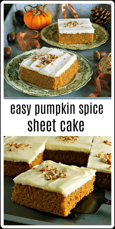 Easy Pumpkin Spice Sheet Cake is so easy it can be mixed by hand and so quick it will be mixed, baked and cooled in no time- it's the perfect cake for a potluck! #PumpkinSheetCake #PumpkinSpiceSheetCake #PumpkinCake Pumpkin Spice Sheet Cake, Spice Sheet Cake, Pumpkin Sheet Cake, Homemade Pumpkin Pie, Sheet Cake Recipes, Pumpkin Cake, Easy Pumpkin, Pumpkin Bread, Perfect Cake