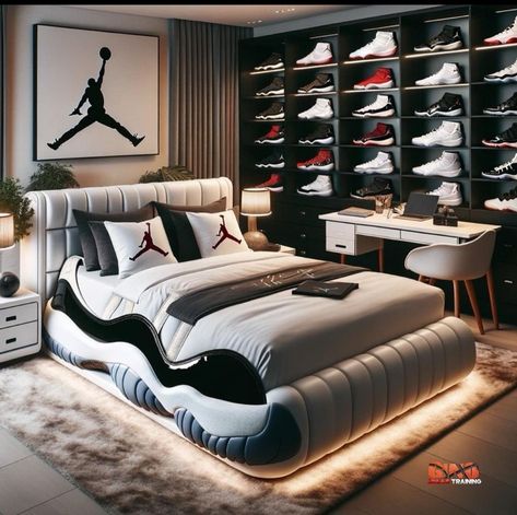 Teenager Bedroom Design, Basketball Bedroom, Boys Bedroom Themes, Sneakerhead Room, Basketball Room, Amazing Bedroom Designs, Aesthetic Architecture, Boy Bedroom Design, Nike Air Jordan 11