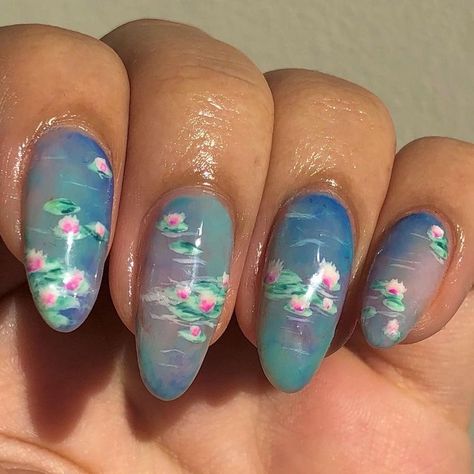 Impressionist Nail Art, Water Lily Nail Art, Lily Pad Nail Art, Water Nail Art Design, Nail Art Realistic, Pond Nail Art, Water Gel Nails, Fine Art Nails, Monet Inspired Nails