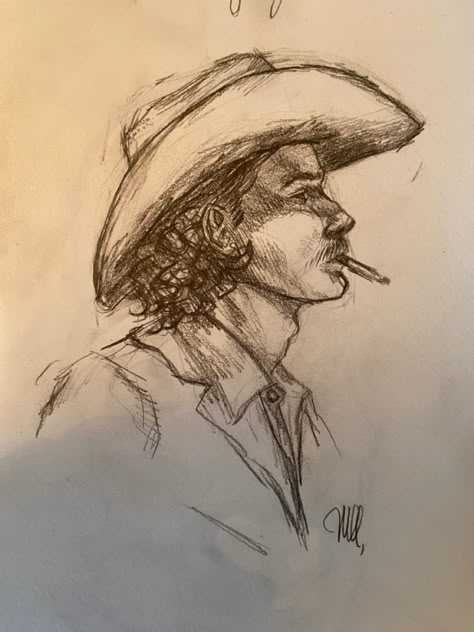 Cowboy Pencil Sketch my Margaret Asjes Fun Simple Sketches, Art Sketches Pencil For Beginners, Sketching Of Nature, Western Sketches Pencil, Simple Country Drawings, Texas Drawing Ideas, Country Boy Drawing, Old Western Drawings, How To Draw A Cowboy