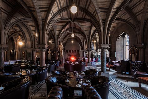 The Manchester City Hall makes a grand venue for the Sculpture Hall Cafe.  Manchester Town Hall is a Victorian, Neo-gothic municipal building in Manchester, England. It is the ceremonial headquarters of Manchester City Council and houses a number of local government departments. Designed by architect Alfred Waterhouse the town hall was completed in 1877.  Jon Reid   |    Portfolio    |  Blog    |   Tumblr Dark Academia Cafeteria, Gothic Cafe Interior, Gothic University, Gothic Cafe, Gothic Restaurant, Gothic Bar, Gothic City, Manchester Town Hall, Gothic Interior