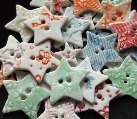 Porcelain Ceramic Star Buttons by melissaceramics on Etsy, £1.50  #craft #embellishment #button #scrapbooking Porcelain Buttons, Ceramic Star, Upcycle Clothing, Star Theme, Button Craft, Ceramic Buttons, Handmade Buttons, Star Buttons, Handmade Porcelain