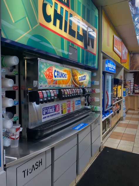 soda fountain in a gas station Gas Station Store Aesthetic, Gas Station Snacks Aesthetic, Aesthetic Gas Station, Late Night Gas Station Aesthetic, Convenience Store Aesthetic, Slurpee Machine, Gas Station Aesthetic, Slushie Machine, Twisted Tea