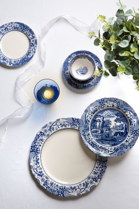 Blue and white for everyday dining. Spode Brocato gives Blue Italian a youthful update pairing the iconic border with a classic white base. White Plates Table Setting, Blue White Plates, Spode Blue Italian, Italian Accessories, Bunny Plates, Vanilla Bean Ice Cream, White Dishes, Color Corrector, Soup Plating