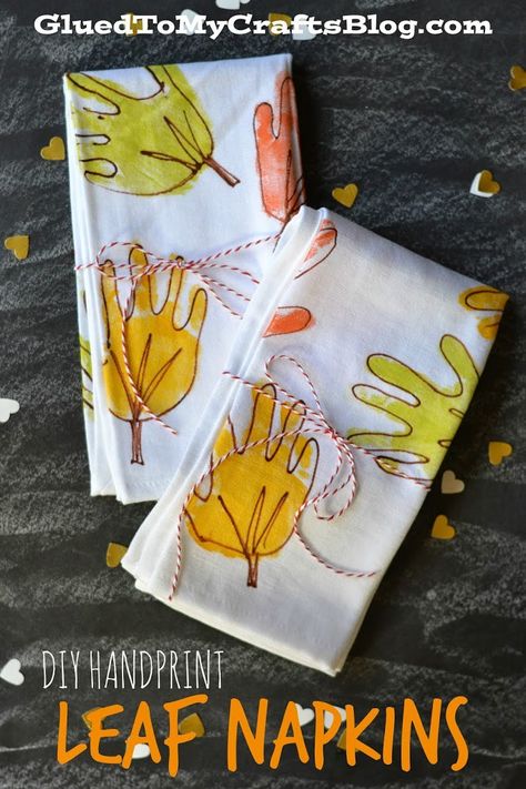 DIY Handprint Leaf Napkins {Craft} Handprint Leaf, Thanksgiving Keepsake, Keepsake Ideas, Keepsake Crafts, Fun Halloween Crafts, Thanksgiving Crafts For Kids, Towel Crafts, Handprint Crafts, Leaf Crafts