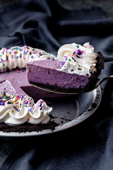 Ube and Coconut Cream Pie Ube Pie, Ube Dessert Recipe, Ube Dessert, Cookie Crust Recipe, Chocolate Cookie Crust, Ube Recipes, Orange Sweet Potatoes, Chocolate Wafer Cookies, Gf Baking