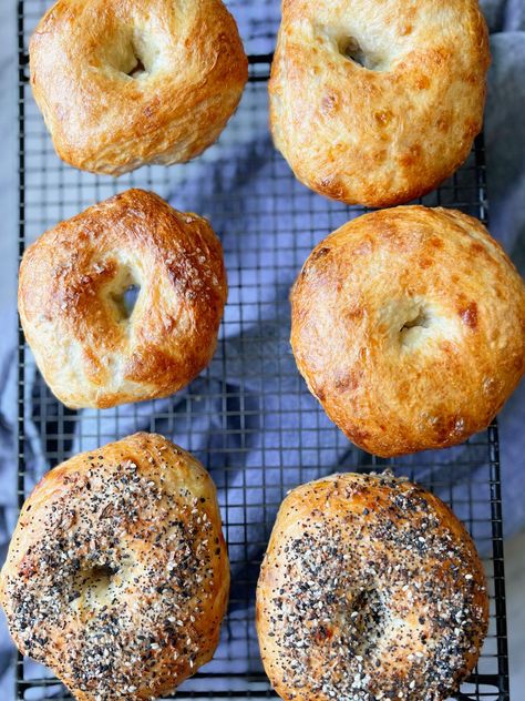 Once you make this easy New York Bagel recipe, you will never go back to bagels bought at grocery stores again! Just 6 ingredients is all that it takes! Sweet Bagel Recipe, Homemade Bagels Easy, New York Bagel Recipe, Egg Bagel Recipe, Bagels Recipe Homemade, New York Bagels, How To Make Bagels, Bagel Recipe Easy, Egg Bagel