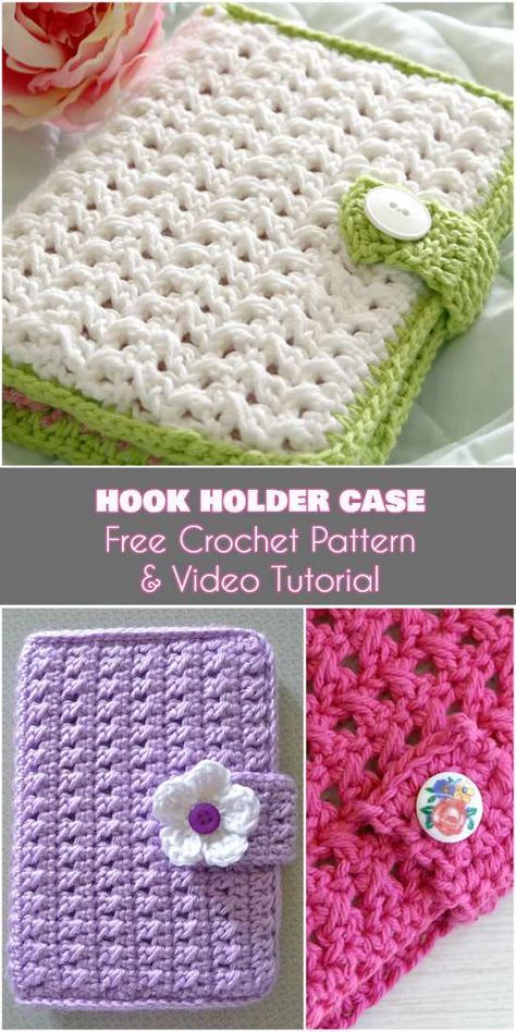 Crochet Hook Holder Case [Free Pattern and Video Tutorial] Crochet Hook Holder Pattern, Crochet Hook Case Free Pattern, Crochet Hook Case Pattern, Bag Holder Pattern, Artisanats Denim, Crochet Book Cover, Crochet Hook Holder, Crochet Organizer, Crochet Hook Case