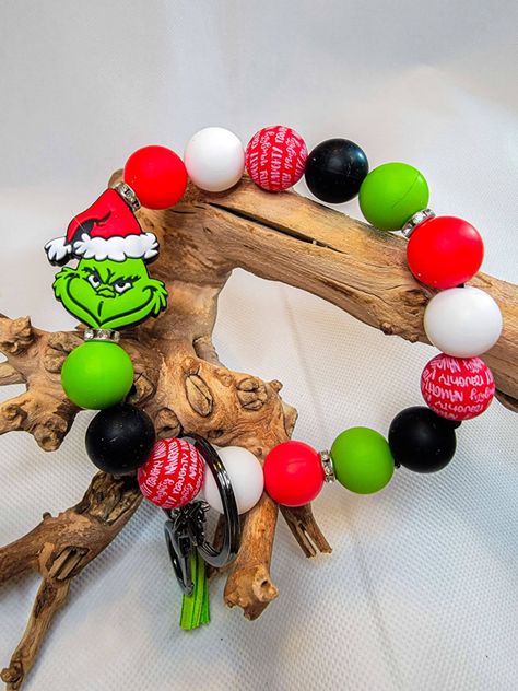 Grinch Keychain Wristlet Keychain Christmas Present Christmas Gifts Bead Wristlet Keychain, Silicone Bead Wristlet, Bangle Keychain, Chucky Halloween, Key Ring Bracelet, J Craft, Silicone Keychain, Leather Key Holder, Leather Keyring