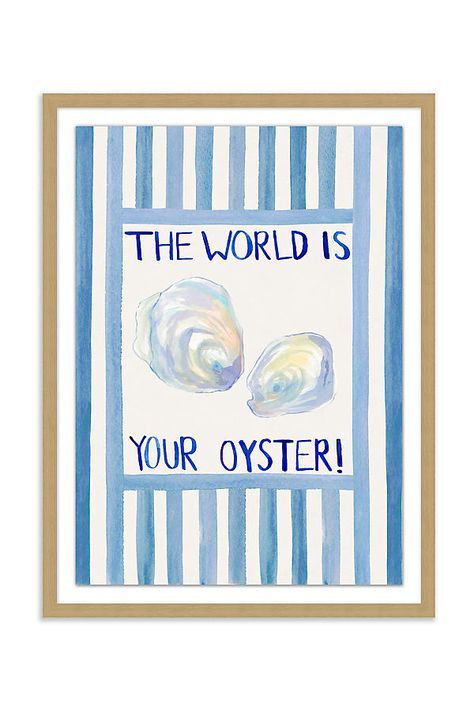 Giclee on paper, wood, plexiglass Hanging hardware included USA | The World Is Your Oyster Wall Art by Anthropologie in Blue Preppy Paintings Canvases Blue, Oyster Wall Decor, Wall Art Room Aesthetic, West Coast Wall Art, Beach Nursery Wall Art, Pnw Wall Art, Coastal Room Posters, Location Wall Art, Coastal Grandma Wall Art