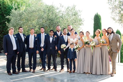 Navy Suits Taupe Dresses, Taupe And Navy Wedding Colors, Champagne Dress Navy Suit, Dark Blue Groomsmen Suits Bridal Parties, Tan And Navy Wedding Party, Navy Taupe Wedding, Taupe Bridal Party Groomsmen, Male And Female Bridesmaids, Navy Suits Groomsmen Color Schemes