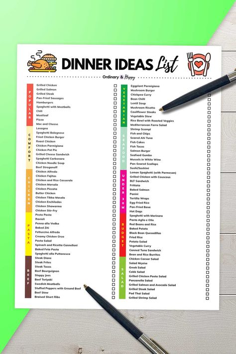 Dinner ideas list: 100 ideas for dinner recipes Meal Idea List Printable, Dinner Ideas List Free Printable, Sample Menus Meal Ideas, Favorite Meals List, Dinner List Ideas, Dinner Planning Ideas, Meal Ideas List, Dinner Ideas List, Dinner Idea List