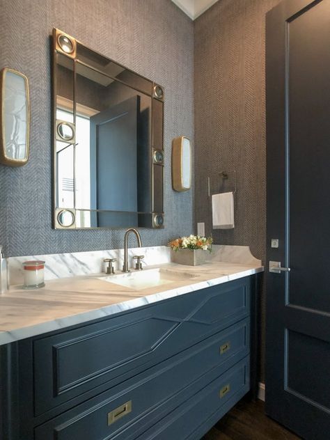 Master Bath Mirror, Eclectic Transitional, Corner Bathroom Vanity, Wallpaper Marble, Transitional Traditional, Vignette Design, Custom Vanity, Bathroom Inspo, Elegant Bathroom