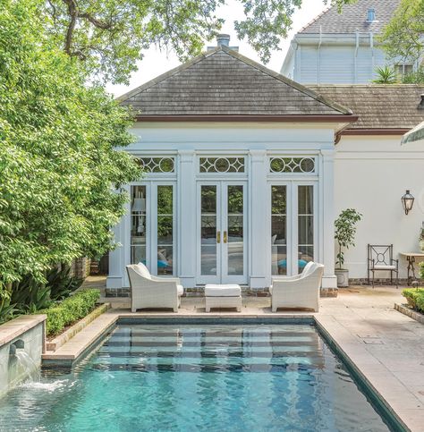 Southern Home | Poolside Pavilions | Bevolo Southern Home Magazine, Built In Cubbies, Pool Guest House, Southern House, Pool Landscape Design, French Style Homes, Backyard Pool Landscaping, Garden Sheds, Custom Pools