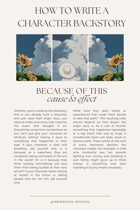 Your character's backstory should explain who they are today. So make sure their traits and personality match their upbringing and let that come across in their inner monologue and the way they process the events of the story. Ask yourself: what happened in their past to make them see the world this way? #writers #write #writingtips #writinganovel #bookwriting #writinginspiration #thewriteen #characterdevelopment #creativewriting #backstory #novel #characterbackstory #creativewriting Comic Script Writing, How To Write Backstory, How To Write A Character Backstory, Backstory Ideas Character, Backstory Prompts, Oc Backstory Ideas, Character Writing Tips, Backstory Ideas, Character Backstory
