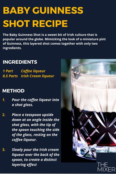 Show your St. Patrick's Day spirit with the Baby Guinness Shot! This classic Irish cocktail has only two ingredients and looks just like a miniature pint of Guinness. It's super easy to make - all you need is a spoon and a steady hand, and you're good to go! Baby Guinness Shot Recipe, Baby Guiness, Kahlua Baileys Drinks, Baby Guinness, Easy Jello Shots, Chocolate Tequila, Irish Cocktails, Guinness Cocktail, Baileys Drinks