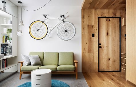 bike over couch Richmond Apartment, Cozy Interior Design, One Bedroom Flat, Micro Apartment, Tiny Apartments, Small Apartment Design, Small Space Solutions, Compact Living, Tiny Apartment