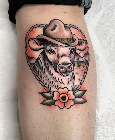 Cow With Cowboy Hat Tattoo, Cowboy Animal Tattoo, Cow In Cowboy Hat, Cow With Cowboy Hat, Yeehaw Tattoo, Cowboy Hat Tattoo, Hat Tattoo, Pig Tattoo, Yee Haw