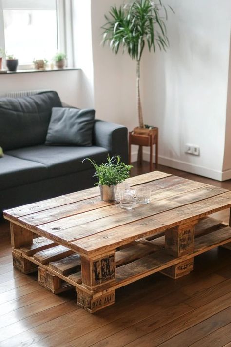 "Create a rustic centerpiece with a DIY Pallet Coffee Table! 🛠️☕ Perfect for adding charm and functionality to your living room. 🌟✨ #DIYPalletTable #RusticDecor #HomeProjects" Cool Coffee Tables Diy, Pallet Wood Coffee Table Diy, Rustic Coffee Tables Diy, Pallet Table Indoor, Money Making Wood Projects, Creative Coffee Table Ideas, Wood Pallet Coffee Table, Table Made From Pallets, Wood Coffee Table Diy