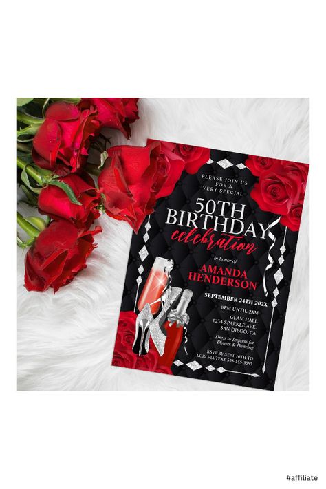 Red Black And Gold Birthday Invitations, Red Black And Gold 50th Birthday, 44 Birthday Party Ideas For Women, 70th Birthday Invites Women, 50th Birthday Invitations For Women, 40th Birthday Party For Women, Champagne Design, Pink And Gold Birthday, 72 Birthday