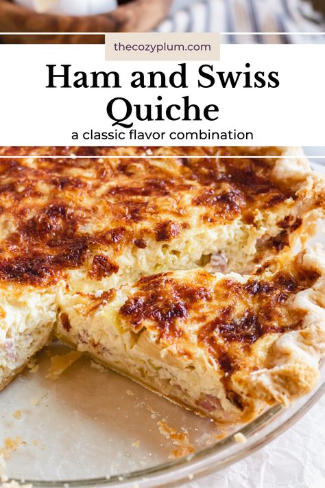 This easy Ham and Swiss Quiche can be made with a homemade or pre-made crust and is the perfect way to feed a crowd quickly. It has a flaky pastry, creamy filling, and is packed with flavor from the addition of leeks! Quiche Ham And Swiss, Ham And Swiss Quiche Recipes, Ham Quiche Recipes, Ham Swiss Quiche, Ham And Swiss Quiche, Quiche Ham, Ham Quiche Recipe, Swiss Quiche, Ham Quiche