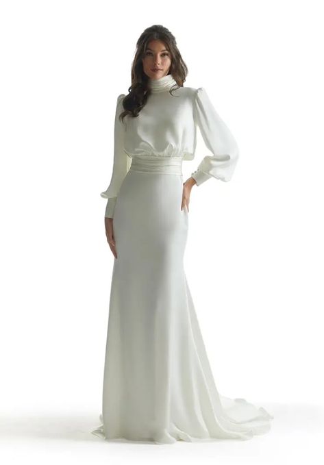 High Neckline Long Sleeve Wedding Dress, White Winter Wedding Dress, Tie Neck Wedding Dress, High Neck Bridal Dress, Wedding Modest Dresses, Silk Wedding Dress With Sleeves, White Dress Designs, Simple Gown Designs, Mock Neck Wedding Dress