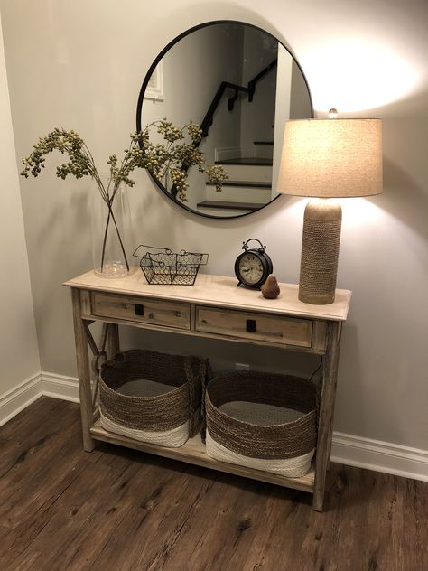 Simple Entry Table Decor, Breezeway Decor, Entry Table Decor Ideas, Small Entry Tables, Long Narrow Hallway, Small Entryway Ideas, Hallway Decorations, Brown Walls Living Room, Dining Room Corner