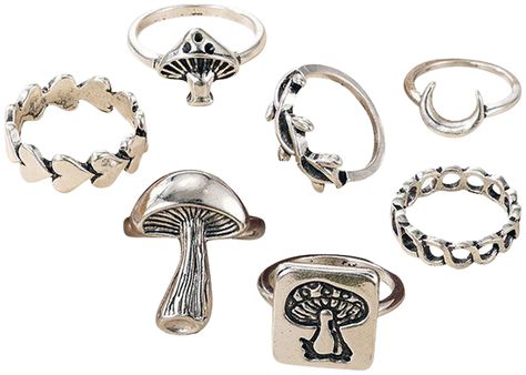 SET Mushrooms Ring Set | BOOGZEL APPAREL 🍄 – Boogzel Apparel | ShopLook Rings Goblincore, Edgy Silver Jewelry, Gremlin Core, Grunge Rings, Mushroom Rings, Grunge Ring, Fairy Rings, Boogzel Apparel, Mushroom Ring