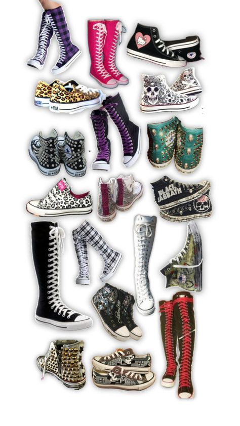 emo Long Converse, Y2k Scene, Dr Shoes, Scene Outfits, Cute Shoes Heels, Trashy Y2k, Crop Top Hoodie, Scene Kids, Swaggy Outfits