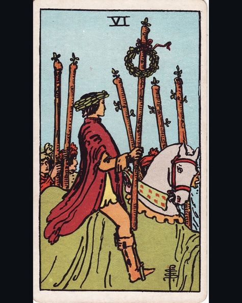 The Six of Wands tarot card depicts a man who is currently wearing a wreath of victory around his head. He is depicted riding a horse through a crowd of people who are cheering. The horse is white, which is a well-known symbol of strength, purity as well as success. The crowd is there to show the public’s recognition for the achievements of the man riding the horse. The wand that the man is carrying also has a wreath which is tied to it in an attempt to further emphasize his success. The man ... Six Of Wands Tarot, Six Of Wands, A Crowd Of People, Wands Tarot, Crowd Of People, Riding A Horse, Symbols Of Strength, The Horse, A Horse