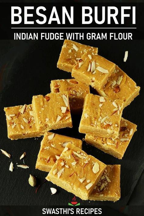 Besan burfi is a popular Indian sweet made with gram flour, sugar, ghee and cardamom powder. Try this delicious and aromatic fudge this diwali. #diwali #indian #sweet #besanburfi via @swasthi Besan Barfi Recipe, Besan Burfi, Indian Beef Recipes, Chicken Kebab, Kebab Recipe, Burfi Recipe, Pakora Recipes, Diwali Sweets, Diwali Food