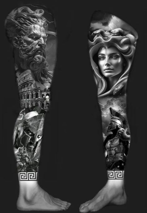 Greek God Leg Tattoo, Greek Mythology Tattoos Leg Sleeve, Greek Mythology Leg Tattoos, Greek Mythology Leg Sleeve, Greece Tattoo, Greek God Tattoo, Mangas Tattoo, Gladiator Tattoo, Zeus Tattoo