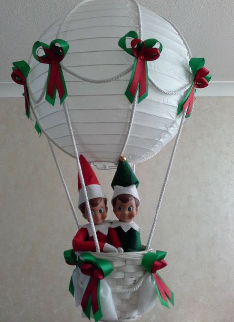 Diy Elf Hot Air Balloon, Elf On Shelf Hot Air Balloon, Elf On The Shelf Hot Air Balloon Diy, Elf Hot Air Balloon, Elf On The Shelf Hot Air Balloon, Elf Balloons, Elf Shenanigans, Balloon Light, Balloon Arrangement