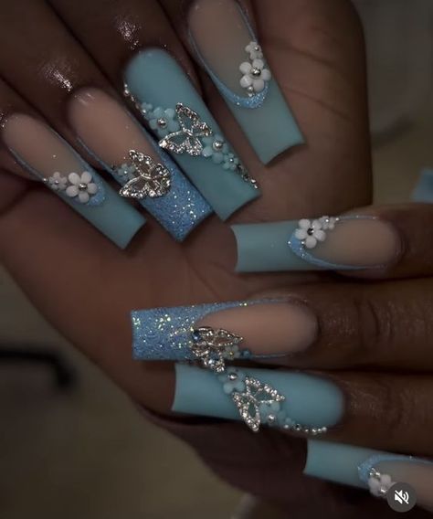 Quinceanera Nails Dark Blue, Mikela Core, Cinderella Theme Nails, Coffin Shape Nails Long, Blue Quinceanera Nails, Quince Nails Blue, Light Blue Quince Nails, Blue Crystal Nails, Spring Beach Nails