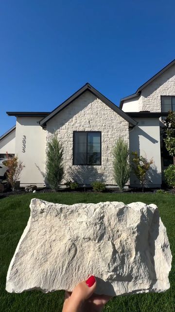 Eldorado Stone on Instagram: "If you've built using Casa Blanca RoughCut, did you use it on the interior or exterior?  Inspired by limestone, this profile brings a warm and inviting aesthetic to any project.   Pictured: Casa Blanca | RoughCut" White House Stone Foundation, White Brick And Rock Exterior, Limestone On House Exterior, Tumbled Stone Exterior, Stone Accent Exterior House, Lime Wash Stone Exterior House, White Austin Stone House Exterior, Limestone Wall Exterior, Modern Stone Exterior Houses