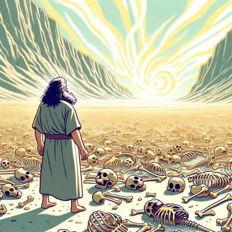 A cartoon style illustration depicting the biblical vision of the Valley of Dry Bones from Ezekiel 37. The scene shows the prophet Ezekiel standing in a vast valley filled with scattered dry bones. It's clear from the sheer number and arrangement of the bones that they once belonged to an entire army. Above him, a representation of God's Spirit, possibly depicted as a swirling presence or a... Ezekiel 37 Dry Bones, The Valley Of Dry Bones, Ezekiel Bible, Prophet Ezekiel, Biblical Illustrations, Bible Scenes, Valley Of Dry Bones, Bible Cartoon, Ezekiel 37