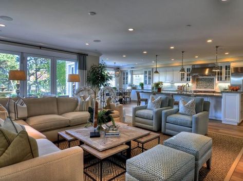 See the coastal-inspired decor in this open-concept living room on HGTV. Traditional Great Room, Kitchen Open Concept, Living Room Furniture Layout, Open Concept Floor Plans, Open Concept Living Room, Open Living Room, Trendy Living Rooms, Open Concept Kitchen, Kitchen Floor