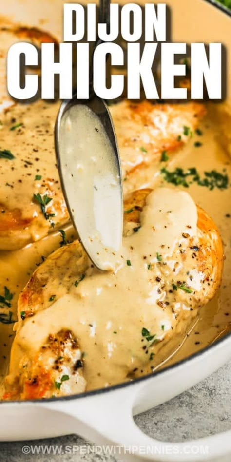 Dijon Chicken is easy to make but has gourmet appeal. A tasty sauce made with Dijon mustard will make these chicken breasts super tender and juicy. A savory & creamy mustard sauce makes this baked chicken recipe really shine! Try serving it with potatoes or rice to sop up all the extra sauce. Everyone enjoys this classic dinner, and it makes cooking chicken failproof! This is an easy and delicious meal for any night of the week! #spendwithpennies #dijonchicken #chickendijon #entree Reduction Sauce For Chicken, Creamy Dijon Sauce, Dijon Mustard Chicken, Creamy Dijon, Dijon Sauce, Baked Chicken Recipe, Creamy Mustard Sauce, Dijon Chicken, Recipes Restaurant