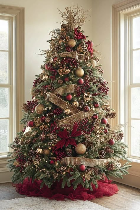 29 Red and Gold Christmas Tree Masterpieces (That Will Make Your Holiday Dreams Come True) - homeideashub.com Red Green Gold And Silver Christmas Tree, Red Gold And Copper Christmas Tree, Maroon Gold Christmas Tree, Christmas Tree Gold White Red, Brown Ribbon On Christmas Tree, Red And Green Rustic Christmas Tree, Red White Green Gold Christmas Tree, Dark Red And Gold Christmas Tree, Red Lights On Christmas Tree