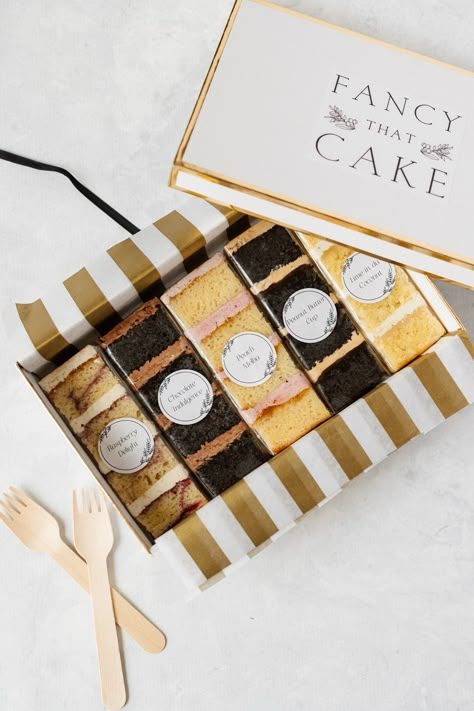 Wedding Cake Menu — Fancy That Cake Cake Tasting Boxes Ideas, Cake Testing Ideas, Packaged Cake Slices, Cake Box Gift Ideas, Cake Sample Box Ideas, Cake Tasting Box Ideas, Wedding Cake Samples, Wedding Cake Sample Boxes, Cake Slice Packaging Ideas