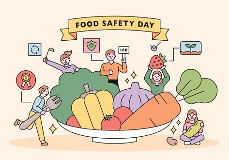 Food Safety Day. Customers looking for healthy and safe food with fresh vegetables on a huge plate Food Plate Illustration, Safety Clipart, Healthy Food Plate, Food Safety Day, Plate Illustration, Vegetable Plate, Food Plate, Food Safety, Food Illustrations