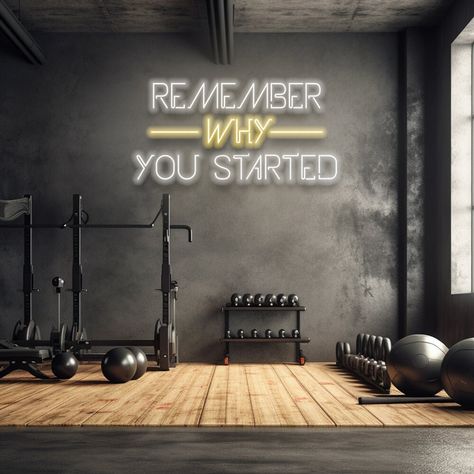 Fuel your gym-goers' motivation with our 'Remember Why You Started' LED Neon Sign. Perfect for reminding everyone of their initial fitness goals and the reason behind their journey. An essential for gyms aiming to encourage perseverance and consistency in their members. Or an ideal accessory for home offices, personal gyms or any space dedicated to achieving dreams. A must-have for those hustling every day to reach their goals. Gym Interiors Modern, Gym Closet Ideas, Gym Studio Ideas, Industrial Gym Design Ideas, Aesthetic Gym Design, Gym Neon Sign Fitness, Neon Signs For Gym, Gym Led Sign, Home Gym Neon Sign