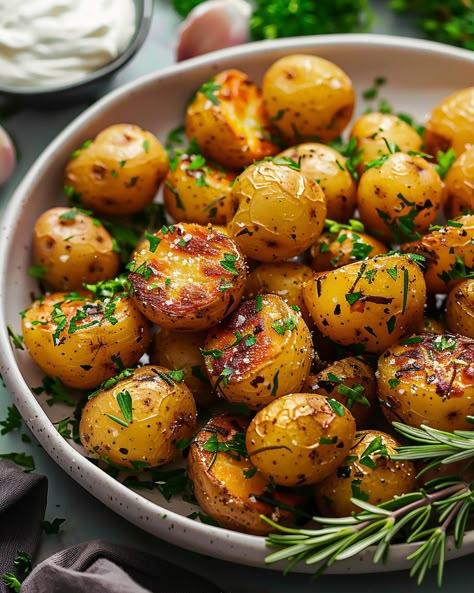 Who says side dishes have to be boring? Try these Roasted Baby Potatoes with Rosemary and Garlic for a flavorful twist! Golden Crisp Baby Potatoes with Fragrant Rosemary and Roasted Garlic.  https://northeastnosh.com/roasted-baby-potatoes-with-rosemary-and-garlic Baby Potato Recipes, Baby Potato, Roasted Baby Potatoes, Roasted Potato, Christmas Meals, Roast Potatoes, Baby Potatoes, Christmas Dishes, Potato Dishes