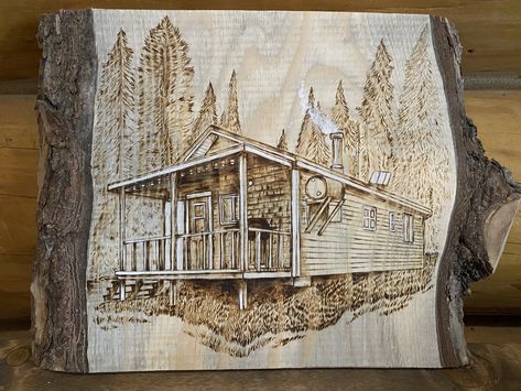 Burning Mountain, Pyrography Ideas, Wood Branding Iron, Burning House, Cabin Home, Iron Gifts, Hunting Cabin, House Portrait, Wood Burning Crafts