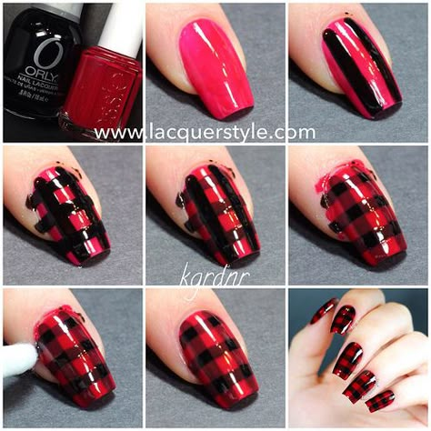 Red & Black Plaid Nails Tutorial | Flickr - Photo Sharing! Diy Plaid Nails, Do It Yourself Nails, Plaid Nail Art, Nail Designs Tutorial, Nail Art For Beginners, Plaid Nails, Christmas Nail Art Designs, Nail Art Designs Diy, Simple Nail Art Designs