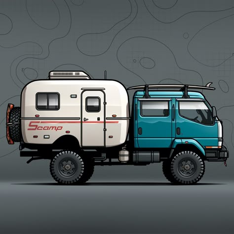 Overland Setup, Van Cartoon, Ford Obs, Scamp Trailer, Toyota Dyna, Kombi Motorhome, Mitsubishi Canter, Concept Vehicles Sci Fi, Overland Truck