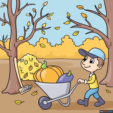 Learn How to Draw the Autumn Season: Easy Step-by-Step Drawing Tutorial for Kids and Beginners. See the full tutorial at https://easydrawingguides.com/how-to-draw-the-autumn-season/ . Autumn Theme Drawing, Step By Step Fall Drawings, Autumn Season Drawing, Autumn Drawing Easy, Four Seasons Drawing For Kids, Landscape Drawing Tutorial, Thanksgiving Drawings, Turkey Drawing, Pumpkin Drawing