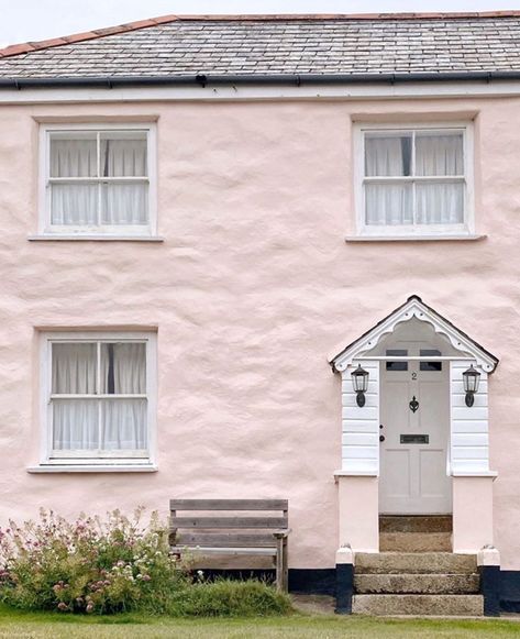 Pink Stucco House Exterior, Pink House Exterior, English Homes, Pink Front Door, Kerb Appeal, Cottage Exteriors, House Colours, Stucco Homes, Red Cottage