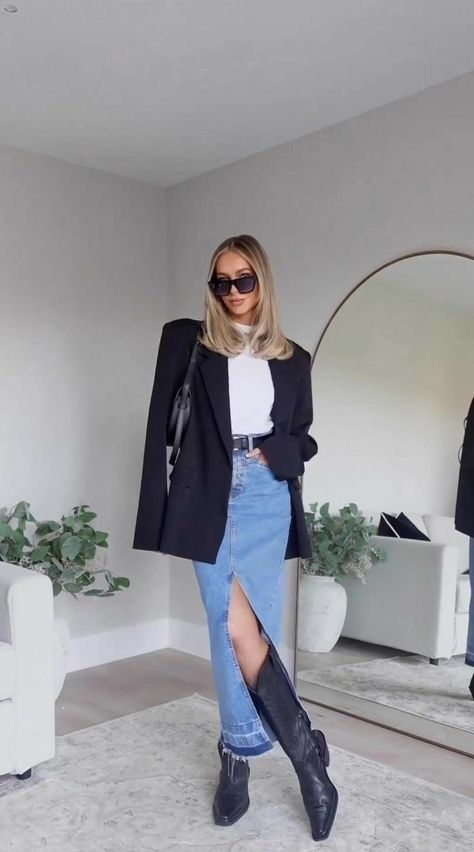 Looks Total Jeans, Long Denim Skirt Outfit, Blazer Outfit Ideas, Denim Skirt Outfit, Denim Skirt Trend, Simple Winter Outfits, Jean Skirt Outfits, Outfit Ideas Summer, Denim Skirt Outfits